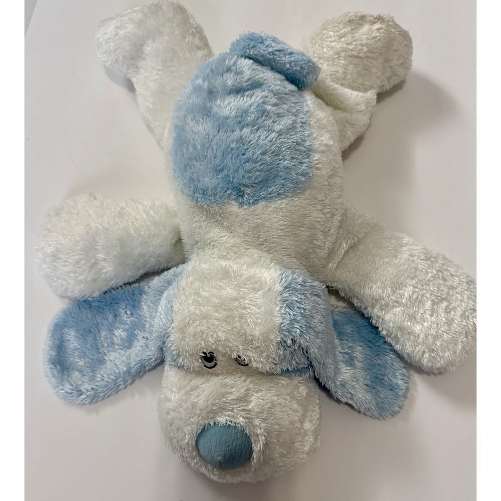 Aurora Baby Plush Puppy Dog 14" Blue White Lovey‎ Satin Ears Laying READ